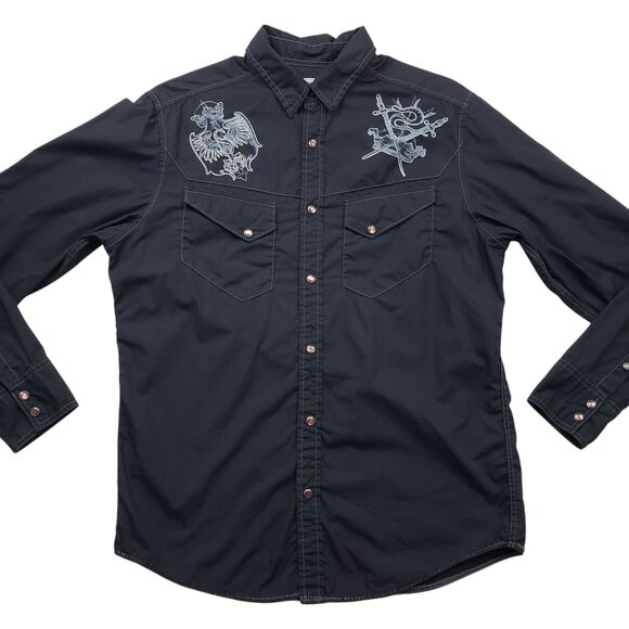 Vintage DKNY Pearl Snap Shirt Mens Medium Black Y2K Western Goth Long Sleeve - Picture 3 of 9